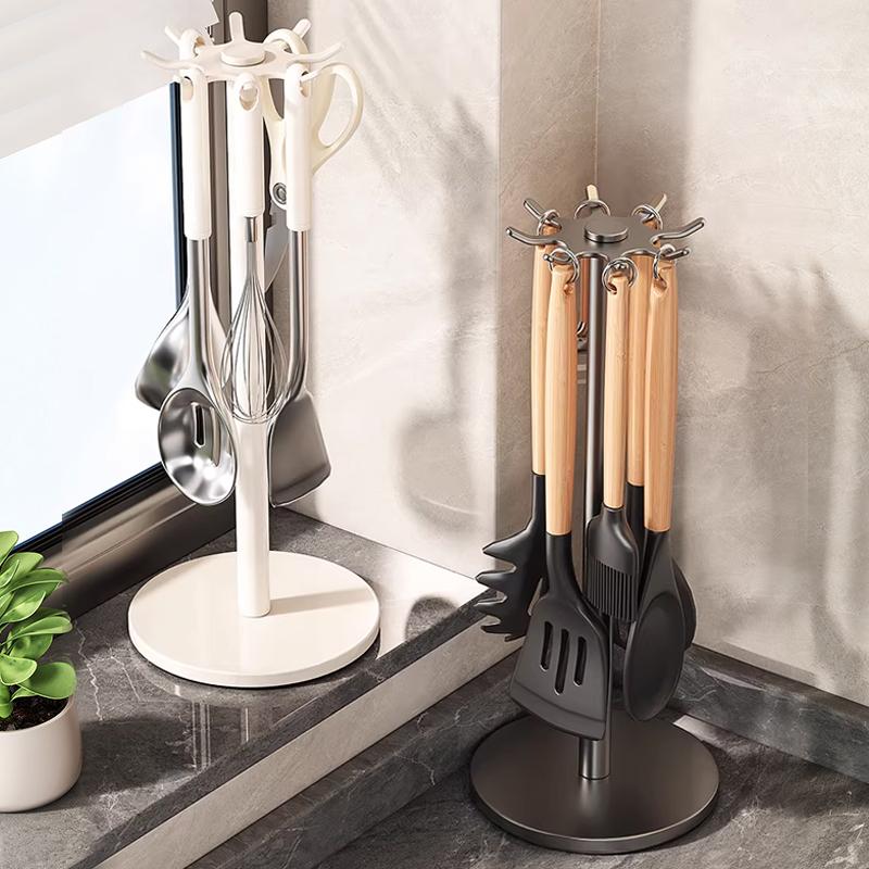Kitchen Utensil Stand: Rotating Storage Hanger With 8 Hooks,for Countertop Organization Rotatable Cooking Utensils Holder