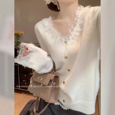 M Series Milk Fufu Lace Splicing V-neck Bottoming Shirt Women's Autumn and Winter Pure Desire with Sweater Soft Waxy Knitted Sweater Top