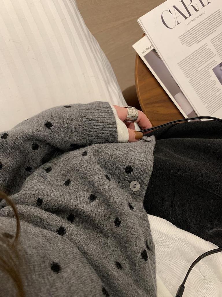 Women's Gray Polka Dot Knit Cardigan - 2024 Slim Fit with Layered Design