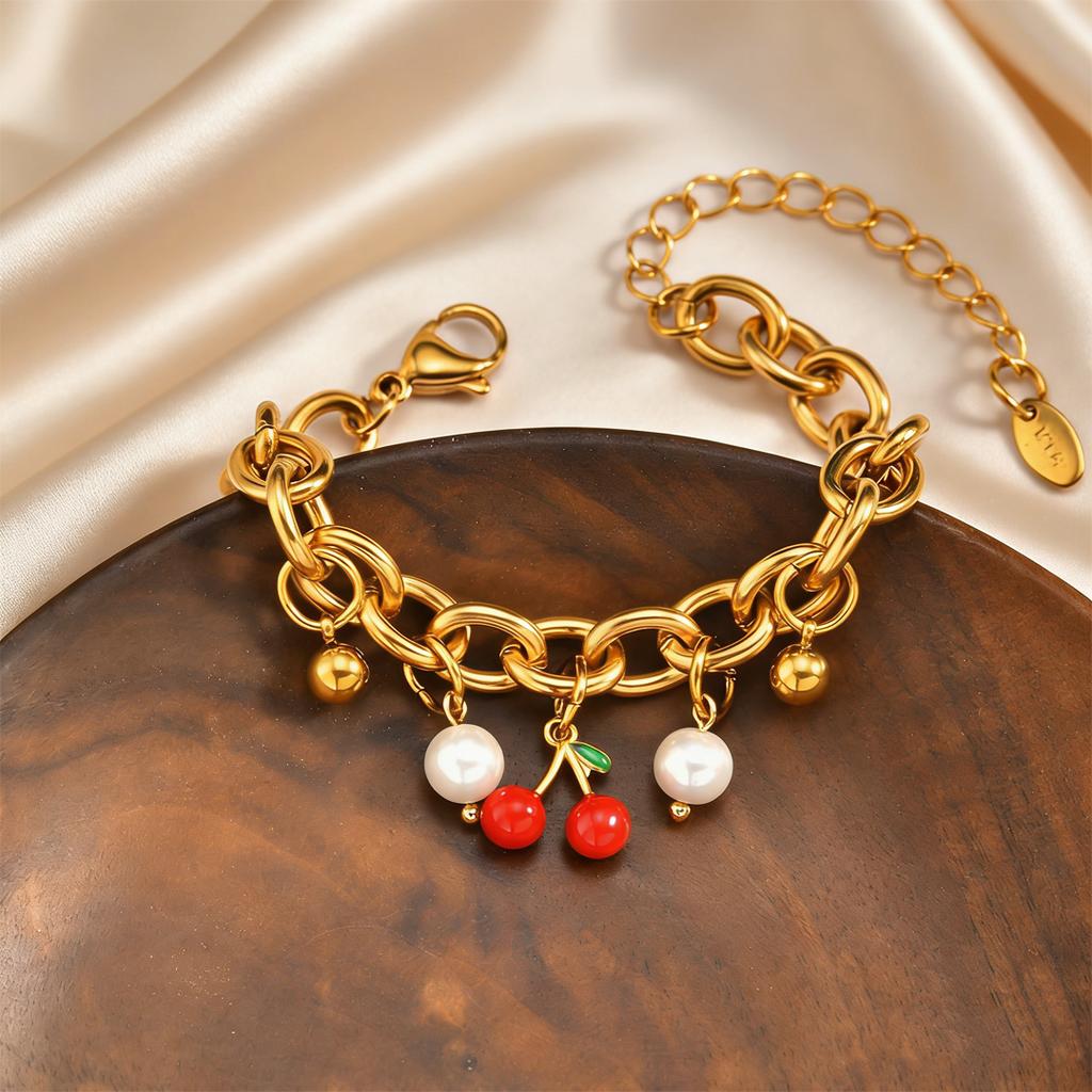 Trendy Sweet Red Cherry Strawberry Bracelet for Women, 18K Gold Plated Stainless Steel Charm Bracelet,No-fading Delicate Jewelry