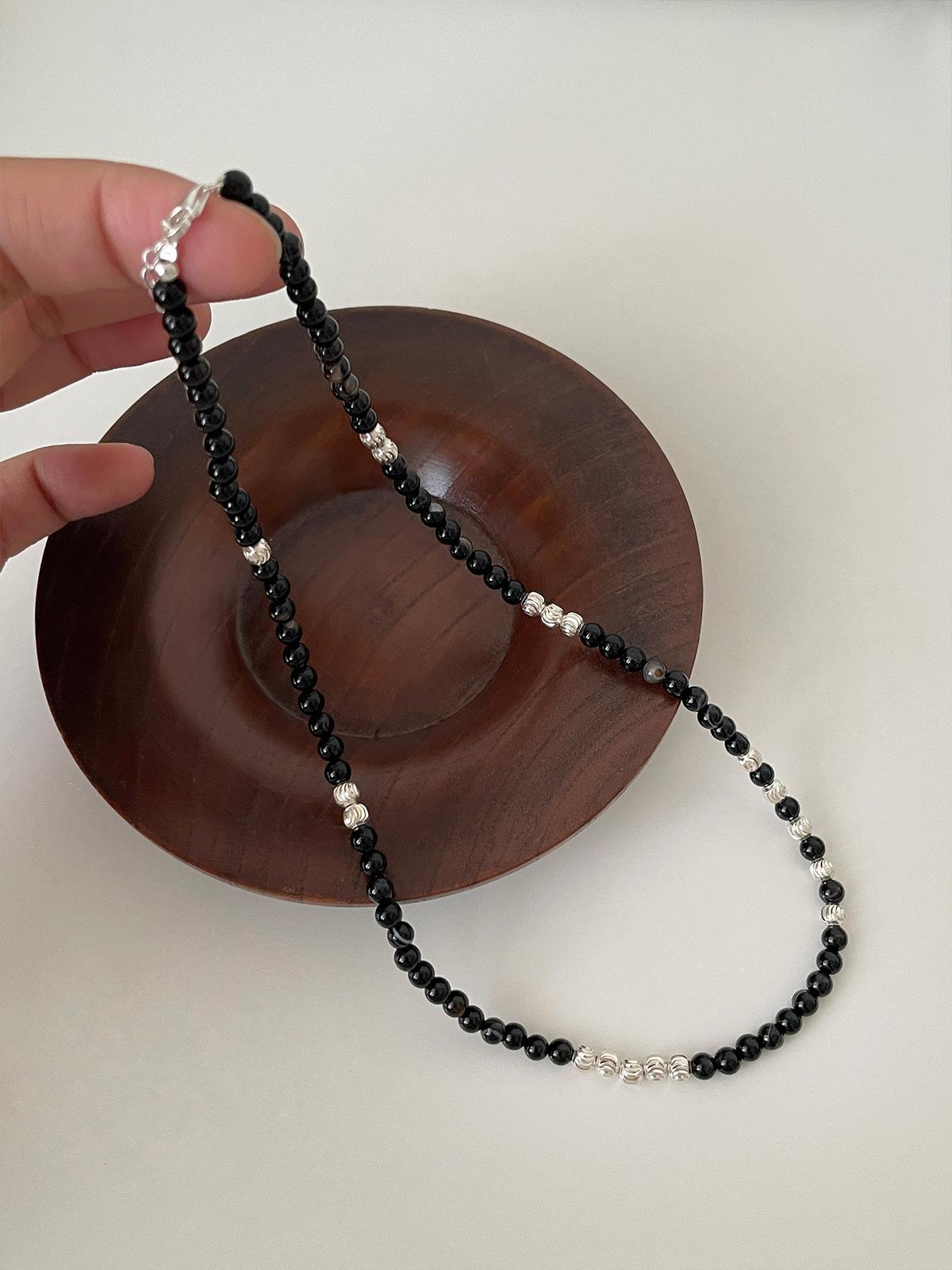 

Ожерелье из круглых бусин из стерлингового серебра 925 пробы, женская цепочка на ключицу из черного агата в стиле ретро, модная цепочка на шею из камня тигровый глаз 925 silver