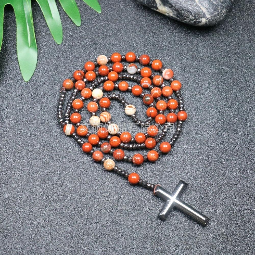 Collier pendentif croix en pierre naturelle, Croix en pierre d'œil de tigre et fer à bille chapelet collier pour homme