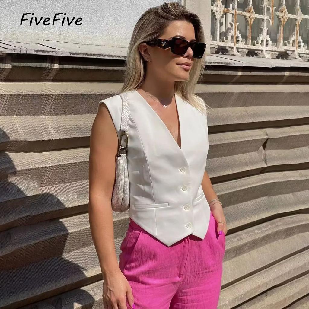 FiveFive Vest Women Cropped Waistcoat Fashion Front Buttons Tops Vintage V Neck Sleeveless Female Outerwear White Chic Vests