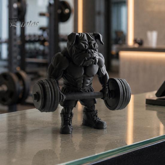 Small Bulldog Statue 3D Printed Fitness Figurine, Modern Muscular Barbell Dog Office Ornament Statue, Black Sculpture for Home Desk Decor Decoration