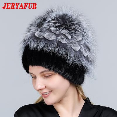 Women's Natural Mink Fur Hat Fox Pompom Rabbit Flowers Stylish Warm Fashion Girls Real Fur Winter Hat Knitted