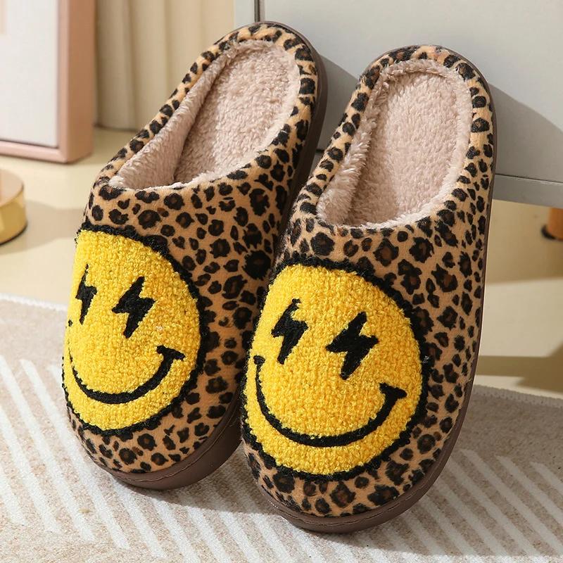Indoor Leopard Plush Slippers Women Winter Smile Face Warm Fluffy Slippers Women Closed Toe Non-Slip Flat Heel Home Cotton Shoes
