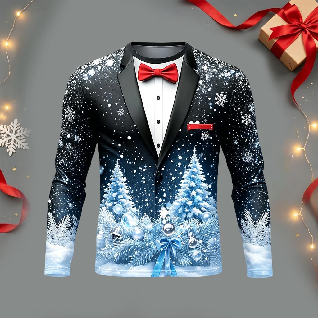 Men's Casual Christmas Suit Print Long Sleeve T-Shirt Round Neck Tee for Holiday Party