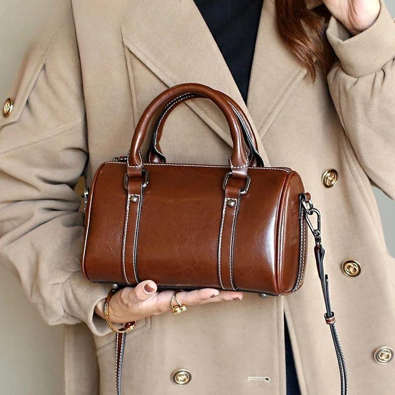 Genuine Leather Handbag, Women's Oil-wax Cowhide Crossbody Bag, Trendy Bag, High-end Boston Pillow Bag