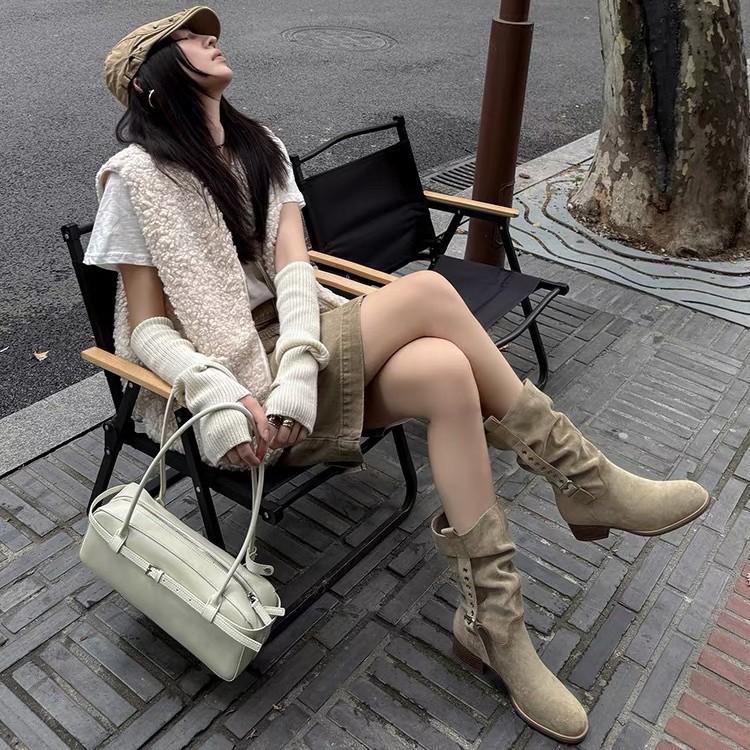 Sheepskin Vintage Skinny Pleated Pile Boots Brown Merad Medium Boots Women's Coarse Heel Western Cowboy Boots Short Boots