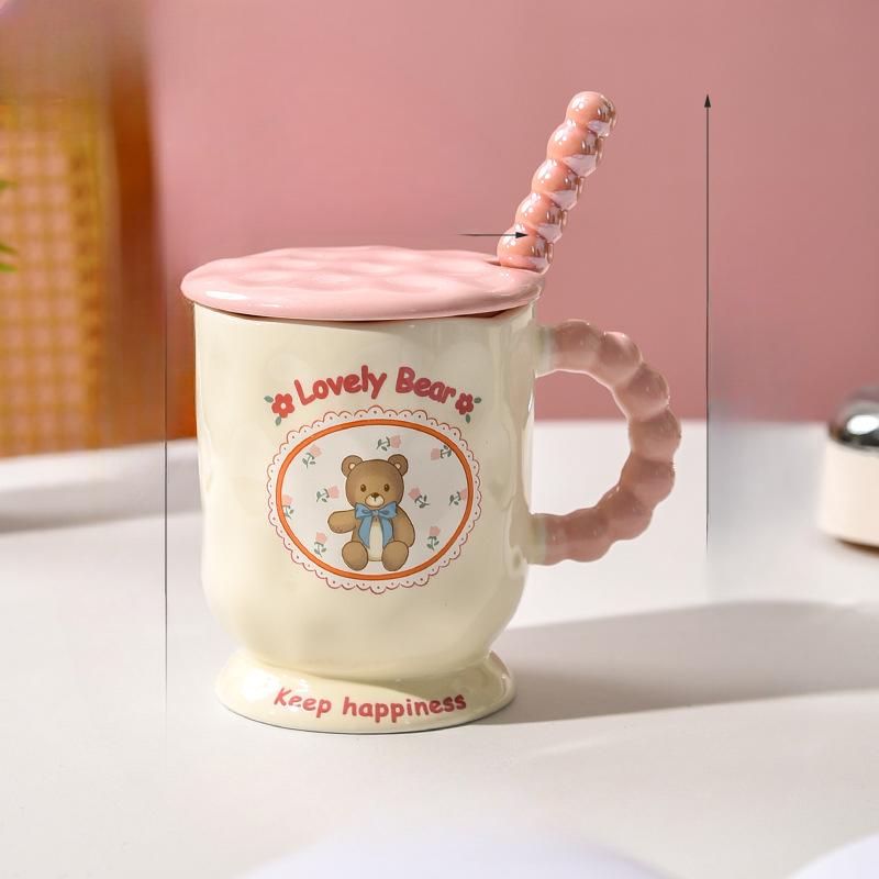 Niedlicher Bärenbecher mit Deckel und Löffel zum Verschenken an die beste Freundin Rosa Mädchen Büroangestellte Tasse Zuhause Frühstückstasse Keramik