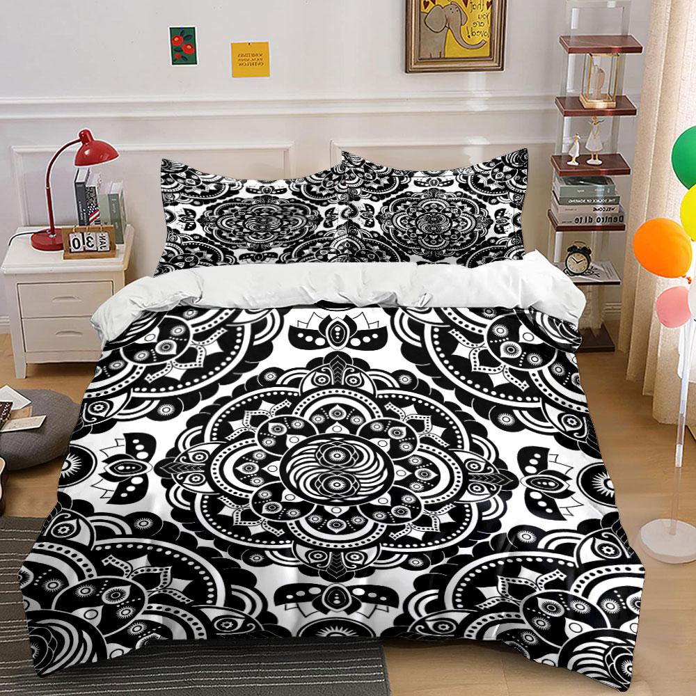 Grosstor Unisex Black/White Intricate And Mandala Pattern Printed Duvet Cover Set1 Duvet Cover+2 Pillowcasemulti Size Bedroom Bedding Decor