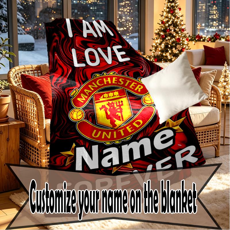 Custom Name Personalized Manchester Football F.C Print Blankets, Home Decor, Bedroom, Sofa, Camping, Couch, Gifts for Birthday Christmas