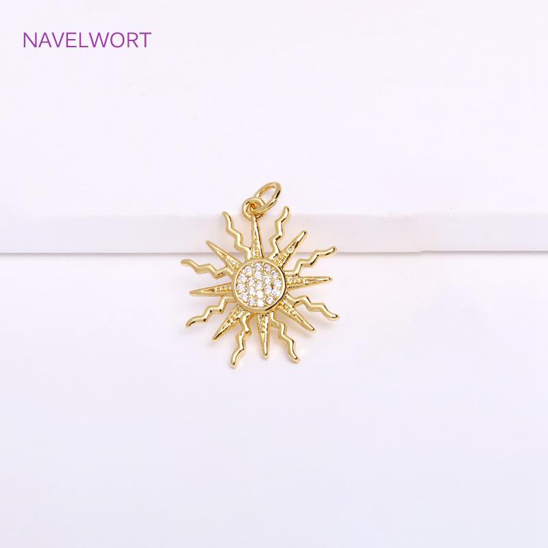18K Gold Plated Brass Charm,Round Sun Charm For Necklace Making Findings,Inlaid Zircon Sun Pendant,Jewelry Charm,DIY Accessories