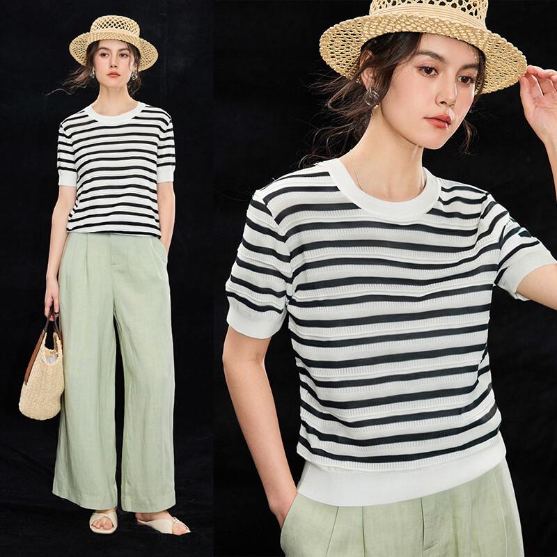 Women s Striped Hollow Knit Short Sleeve Top M