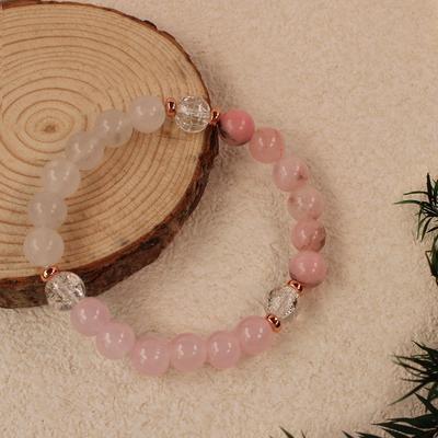 Festive Gifts Rose Quartz Rhodonite And Clear Crackle Crystal Beaded Bracelet Elegant Fashion Jewelry For Women Daily Wear Simple Versatile Accessory