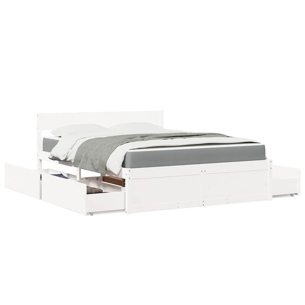Bed with Drawers and Mattress White 140x200 Cm Solid Wood