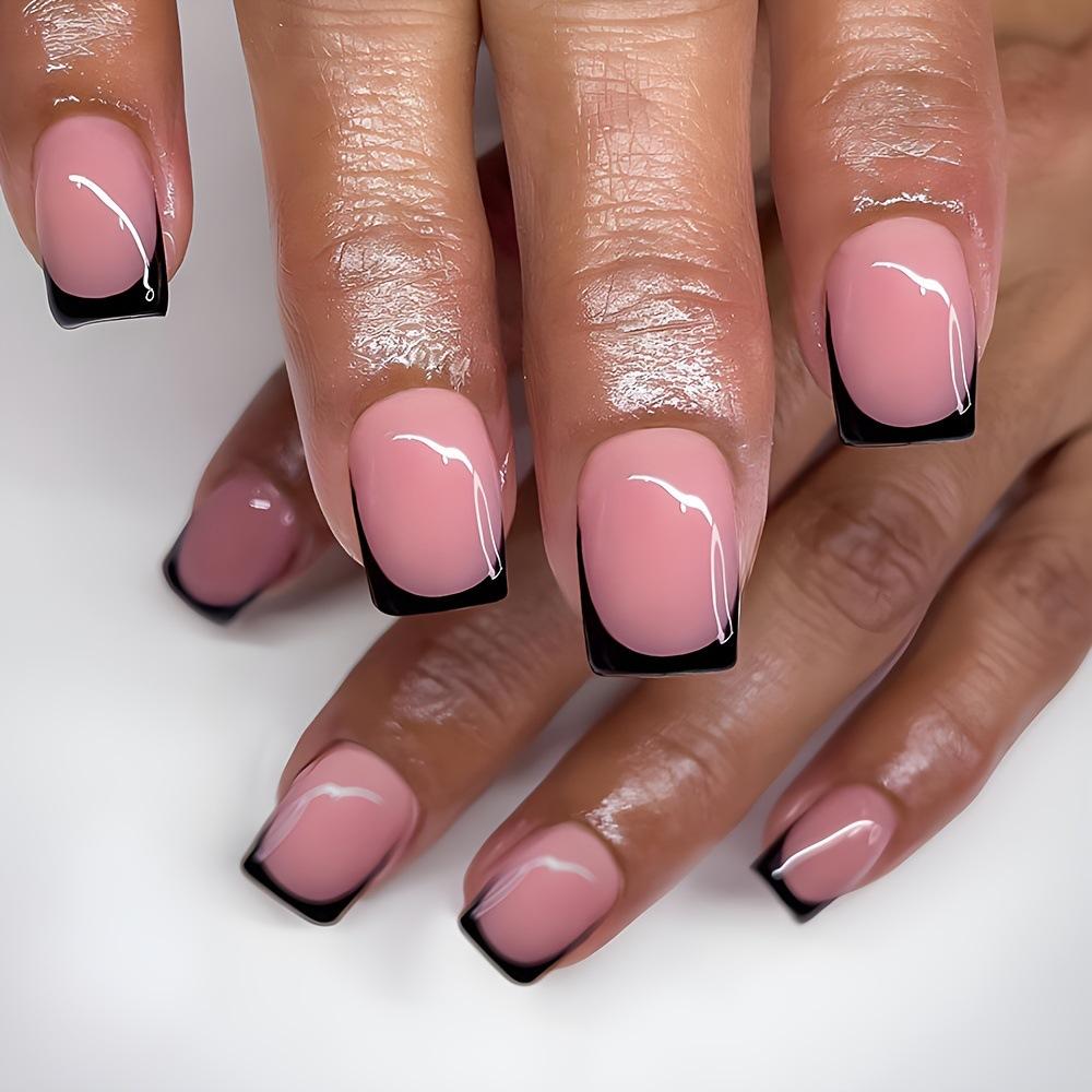 24Pcs Short Square Press On Nails White Rhinestone Flower French Tip Full Cover Reusable Fake Nail Tips