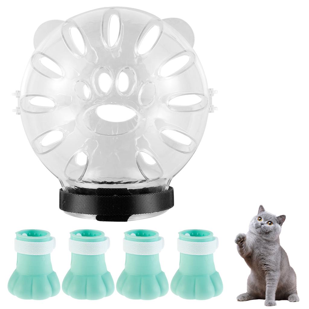 Kočičí náhubek a boty Proti kousnutí Kočičí prodyšná kapuce Proti olizování Průhledná kočičí helma s krytem na tlapky Opakovaně použitelná přenosná kapuce pro domácí mazlíčky