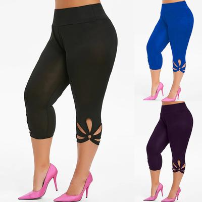 Fashion Women Plus Size Solid Hollow Elastic Waist Casual Leggings Pants