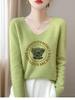 Autumn/Winter V-neck Knitwear with Digital Print and Seamless Design for Women