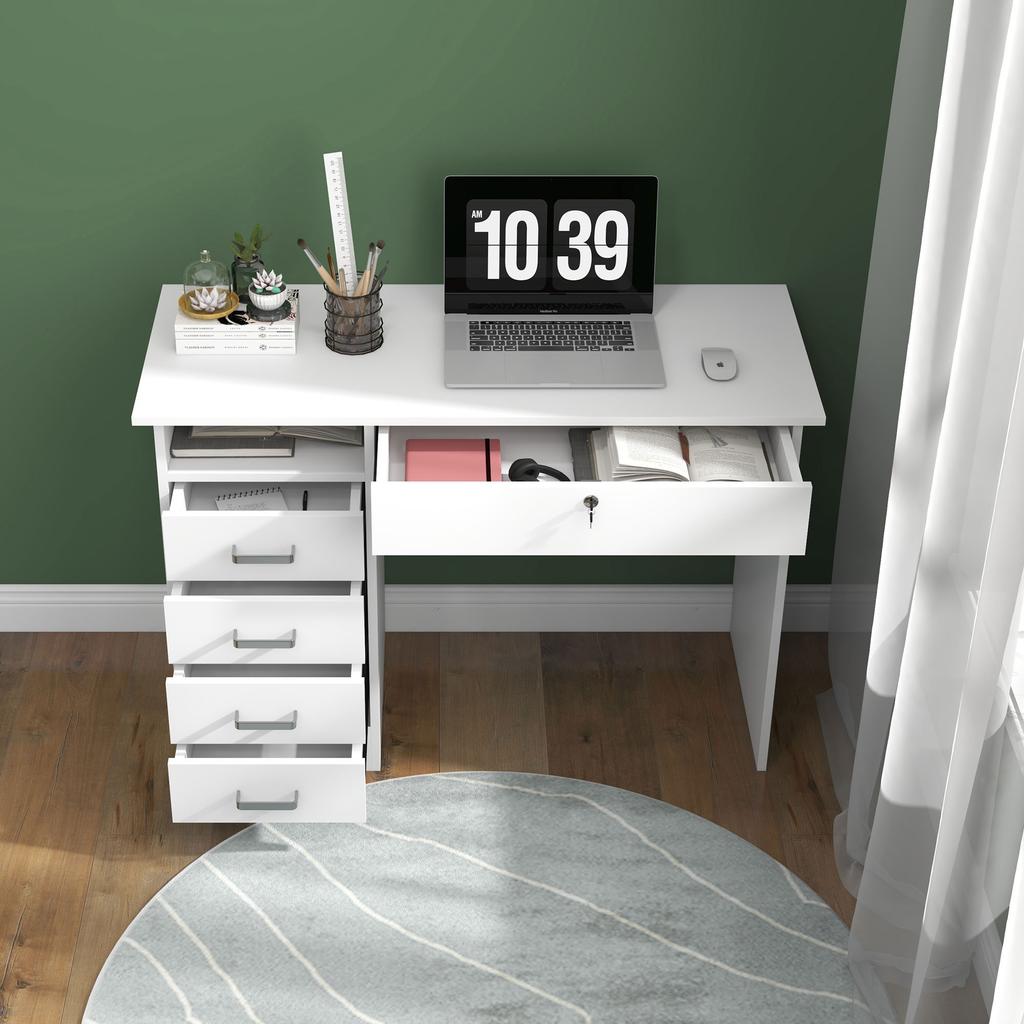 Modern Desk, 5 Drawers, 1 Open Compartment, Lockable, 110 x 50 x 76 cm, White