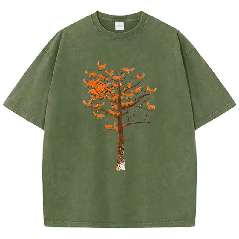 Summer T Shirt Vintage Washed Cotton T-Shirt Japanese Style Cat Climb Tree Graphic Tee Casual Streetwear Spring