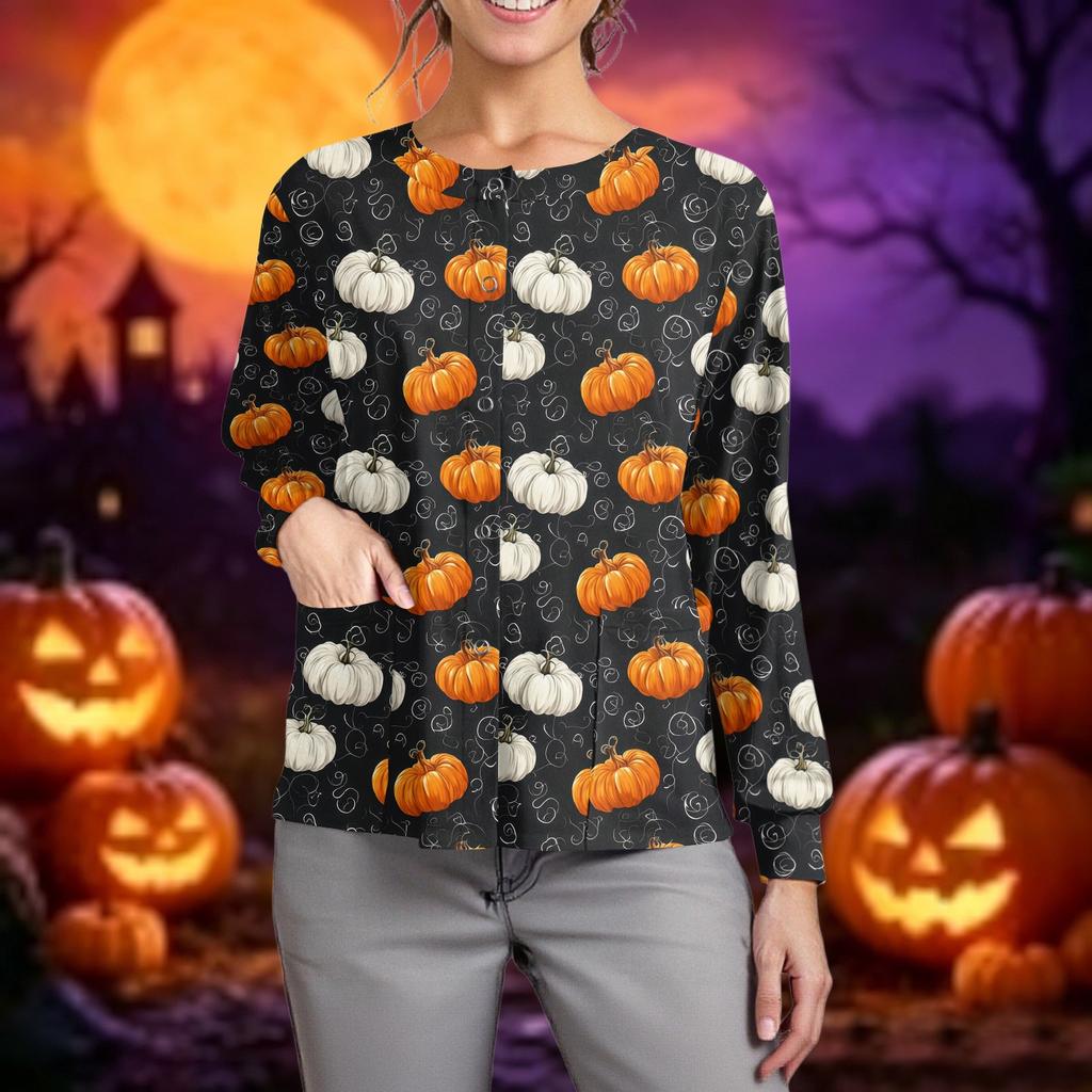 Women's Casual Long Sleeve Button Up Cardigan Halloween Print Lightweight Pullover Sweater for Caregivers and Everyday Wear