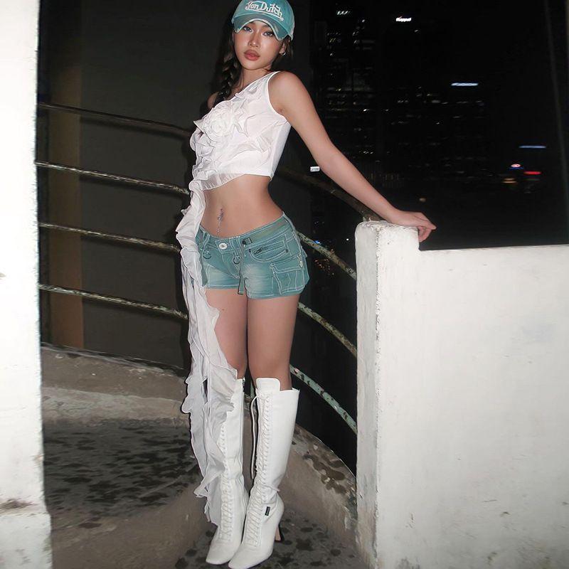 

Мода Инс Оборка Косое плечо Лента Повседневные Цветы White S