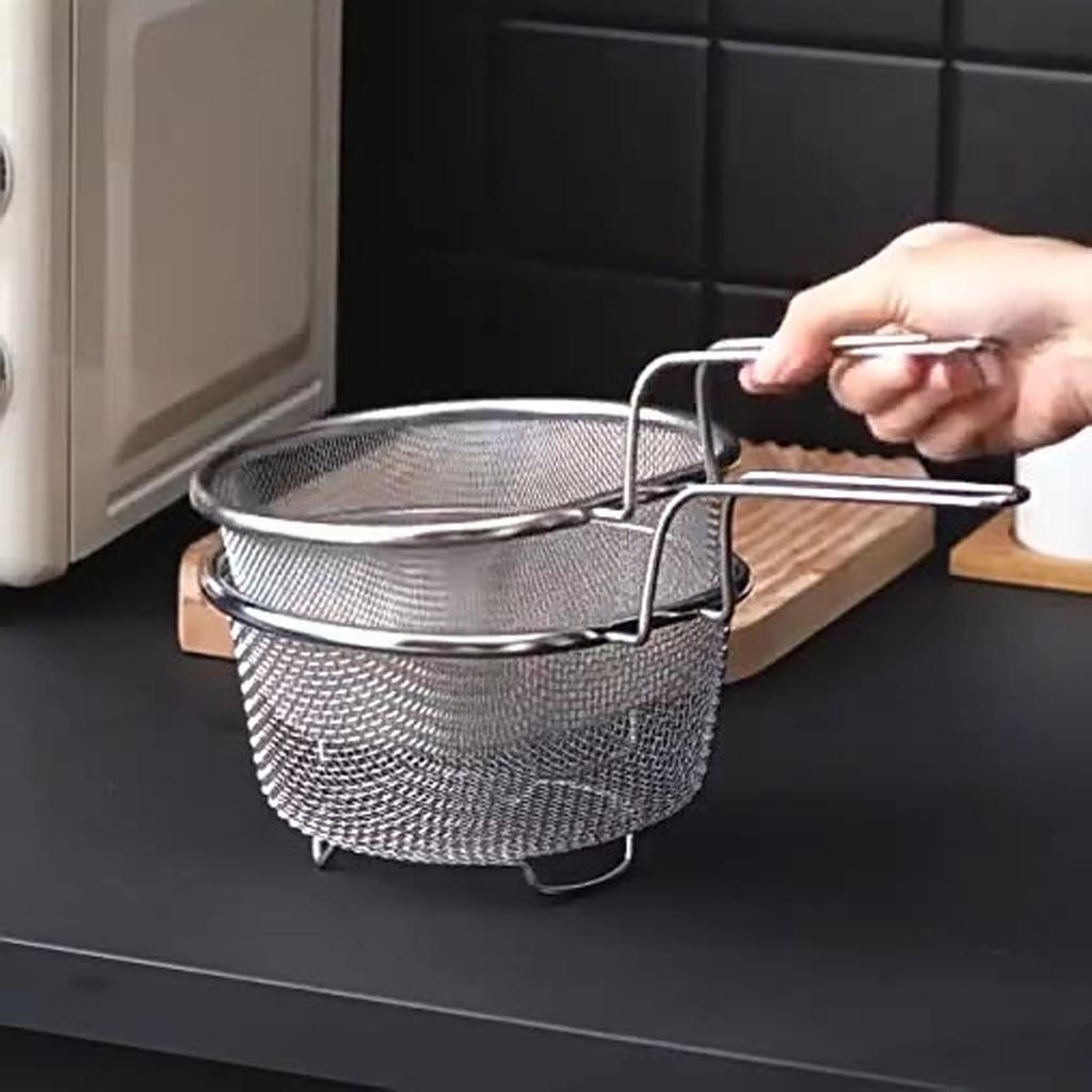 Fine Mesh Strainer Basket - Deep Fryer Filter, Noodle Scooping Spoon, Kitchen Oil Draining Spoon & Water Draining Sieve for Home Cookin