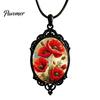 Whimsical Garden Party Accessories Oval Floral Pendant Necklace, Vintage Glass Dome Rose Retro Black Metal Jewelry Adjustable Cord for Women