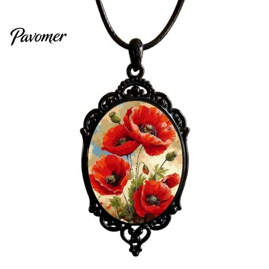 Whimsical Garden Party Accessories Oval Floral Pendant Necklace, Vintage Glass Dome Rose Retro Black Metal Jewelry Adjustable Cord for Women