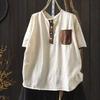 Johnature Women Vintage T-shirts Summer Chinese Style O-Neck Short Sleeve Pockets Solid Color Female T-Shirts
