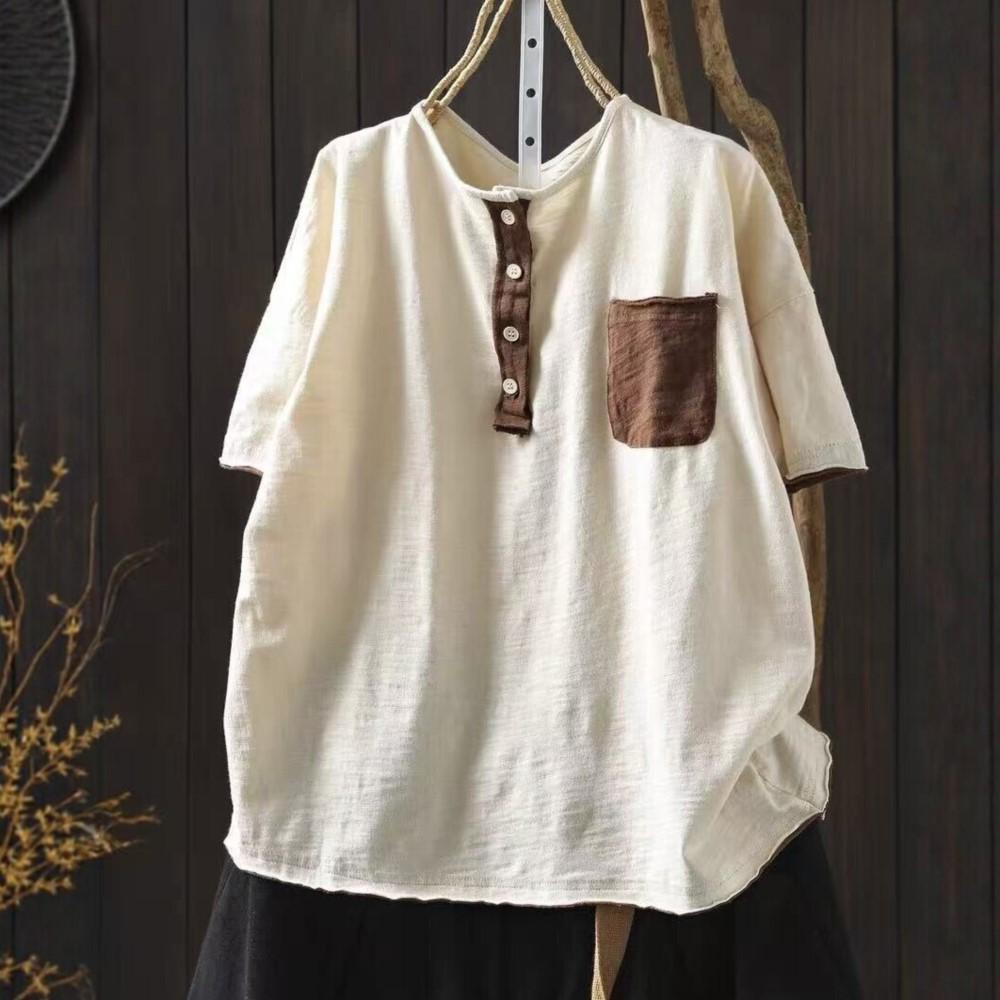 Johnature Women Vintage T-shirts Summer Chinese Style O-Neck Short Sleeve Pockets Solid Color Female T-Shirts