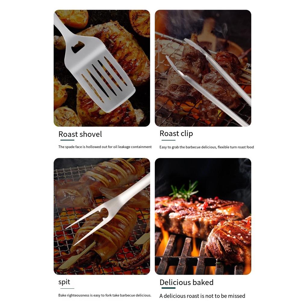 3 Pieces/Set Barbecue Stainless Steel Spatula Tool Grilling Tongs Heats Resistant Reusable Meat Fork Accessory Picnic