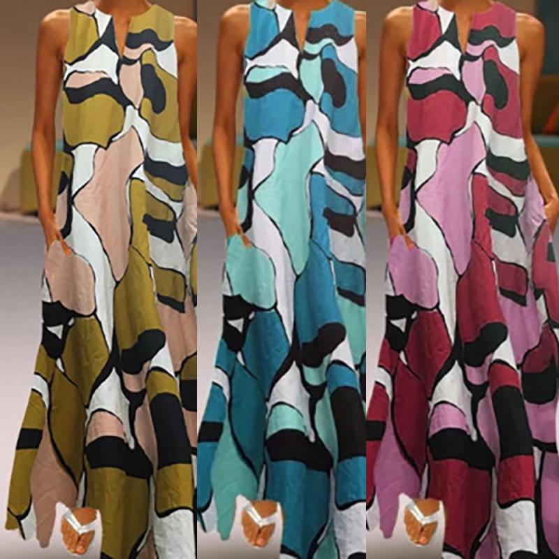 Elegant Women Long Maxi Dress Floral Print Split Hem Sleeveless Shirt Dress Plus Size For Every Occasion