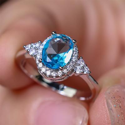 1 Pc Silvery Color Oval Cut Aqua Blue Stone CZ Claw Rings Wedding Band Jewelry Valentine's Day Gifts