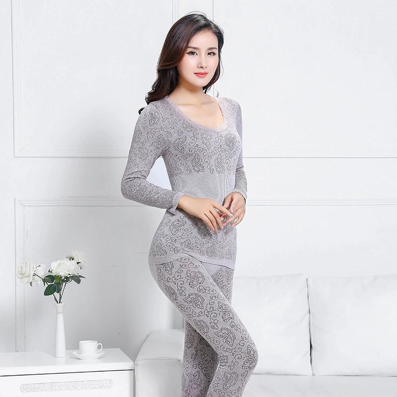 2Pcs Women O-Neck Top Long Pants Thermal Underwear Shaper Winter Warm Sleepwear Set