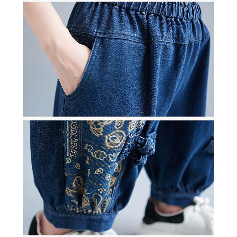 Women's Vintage Denim 2-Piece Set with Floral Print and Elastic Waist Jeans for Spring/Autumn