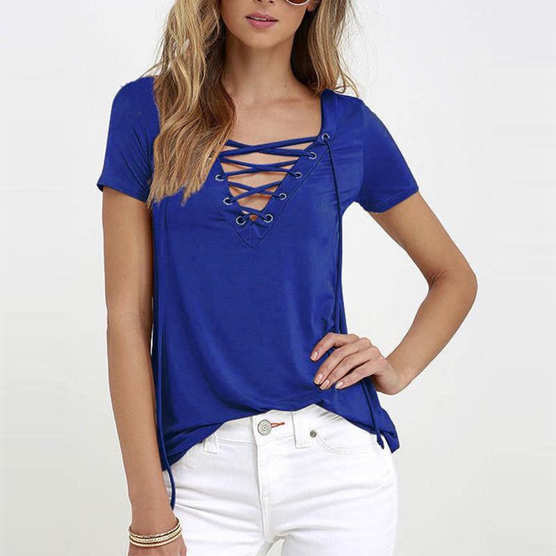T-Shirt V-neck Cross Women Summer Short Sleeve Tops Hollow Out Top
