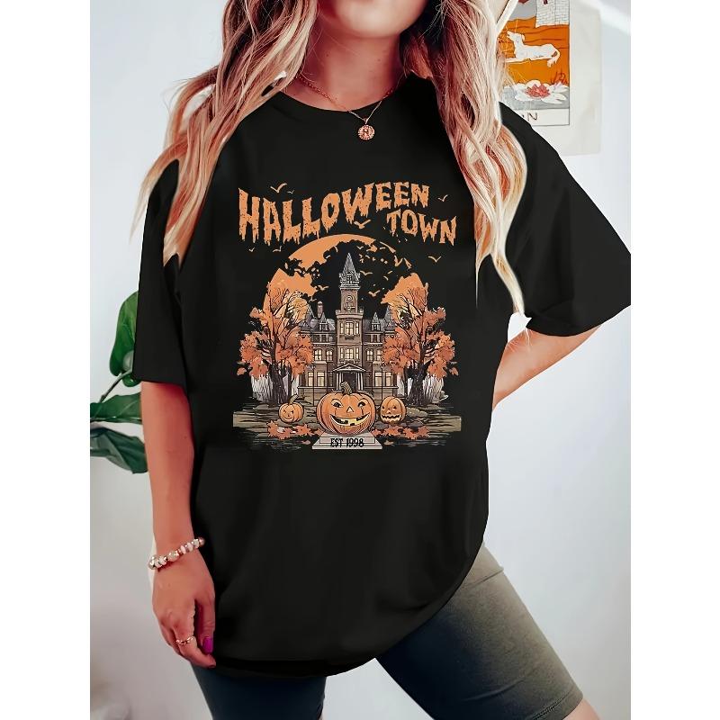 WomenS Plus Size Halloween Town Graphic TShirt Spooky Haunted House Pumpkins Design Black Crew Neck Casual Top