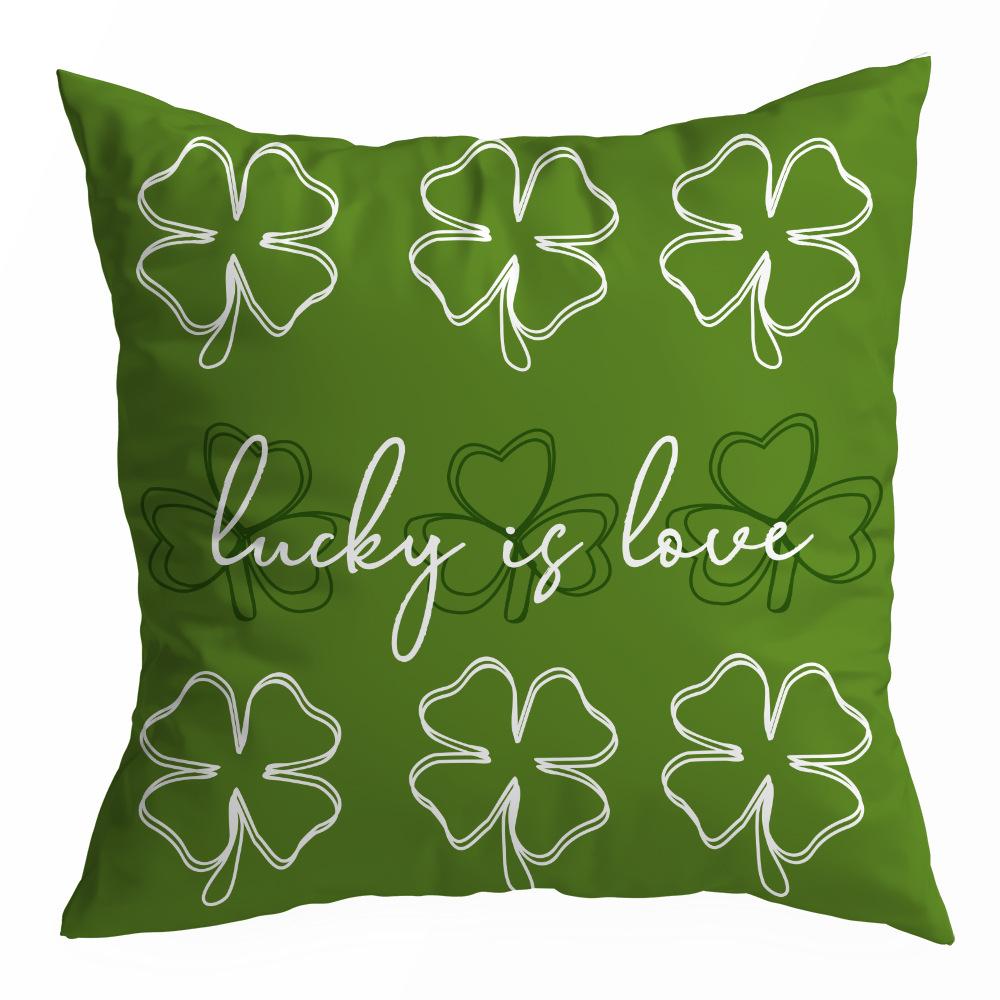 St. Patrick's Day Peach Skin Velvet Pillowcase, Green Four-leaf Clover Printed Sofa Pillow Cushion