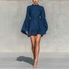 European and American Linen Dress with Wooden Ear Edge, Small Turtleneck, Oversized Horn Sleeve, Waist A-shaped Dress