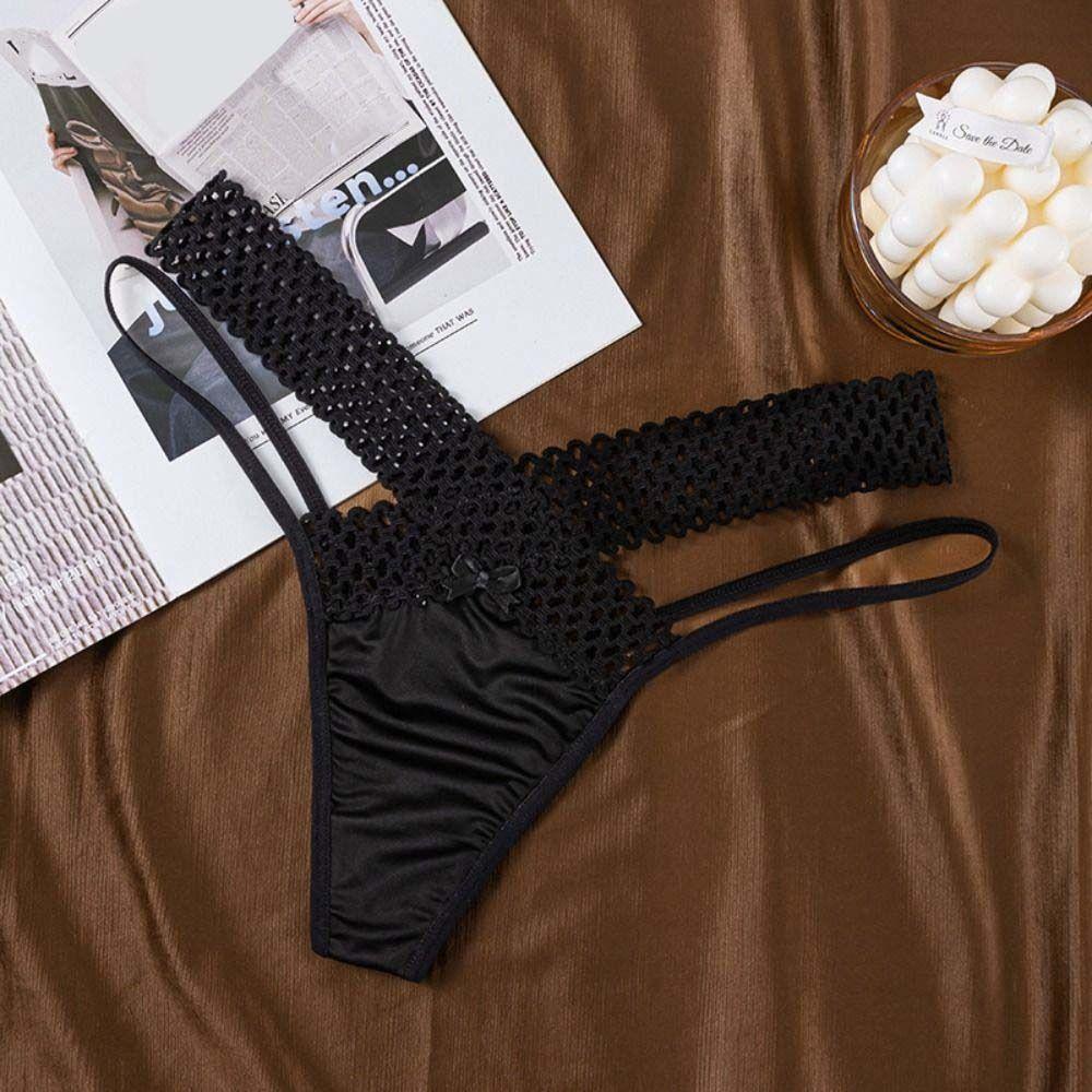 Low Waist Hollow Out Thongs Bowknot Women Mesh Briefs Comfortable Satin Silk Panties  Daily