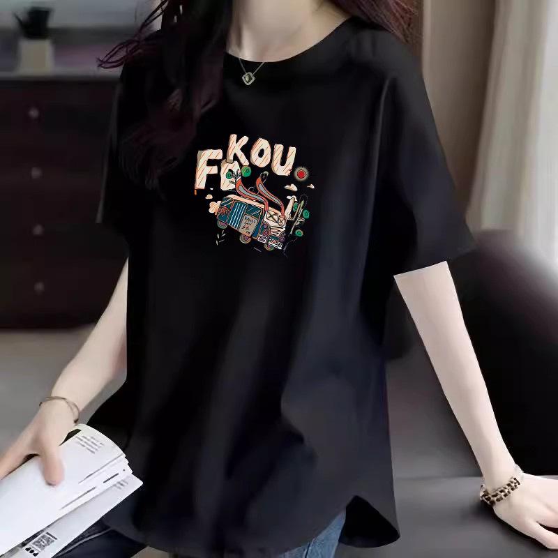 Damen Sommer 2025 Reines Baumwoll T-Shirt mit Rundhalsausschnitt, Print, abgerundetem Saum und kurzen Ärmeln - Trendiger lockerer Schnitt