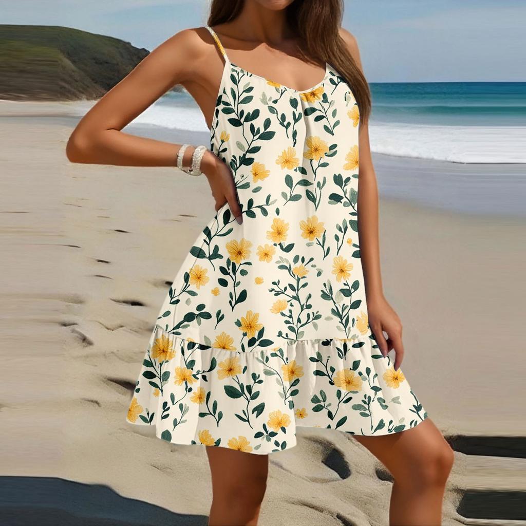 Dame Mote Casual Ermeløs Rund Hals Løs Blomsterprint Strandkjole