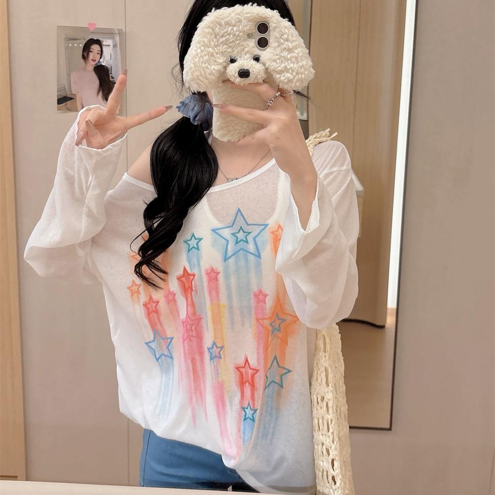 Summer Colorful Stripes Long Sleeve T-shirts Women's Casual Loose Thin Slightly Transparent Sun Protection Cover Tops T Shirt