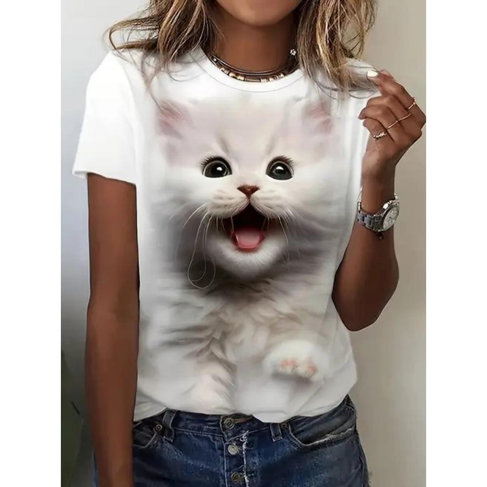 Cartoon Cat T-Shirts Cute Kitten Animal 3D Print Women's Short Sleeve Round Neck T Shirt Tees Harajuku Y2K Tops Female Clothing