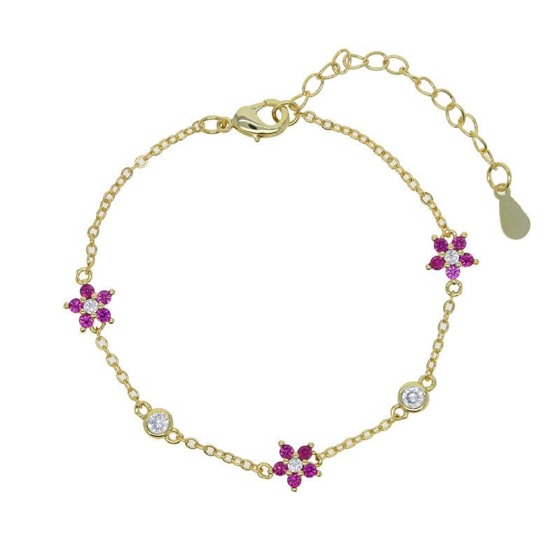 Gold Plated Cubic Zirconia Flower Charm Link Chain Bracelet Delicate Fashion Jewelry for Women Gift