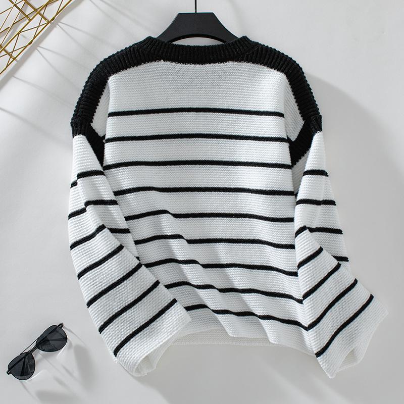 Women's Knitwear Fall/winter Loose Pullover Crewneck Striped Color-block Knit Sweater