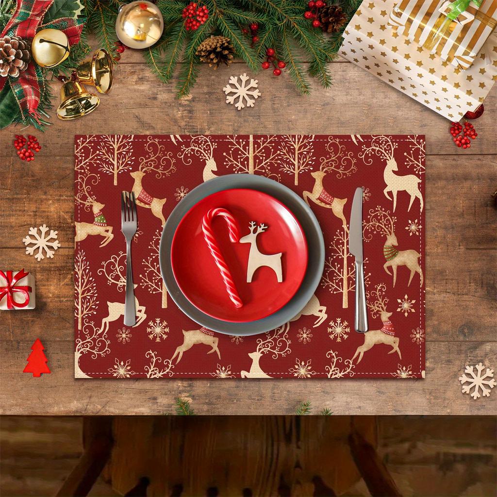 4/ 6pcs Beige Deer Christmas Tree Snowflake Red Background Christmas Placemats, 12x18 Inch Washable Table Mats for Kitchen Dining Home Party Decor